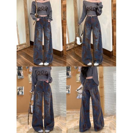 FA49180# 雪尼尔绒腰果花直筒牛仔裤女秋冬新款高腰阔腿拖地裤潮 服裝批發女裝批發服飾貨源