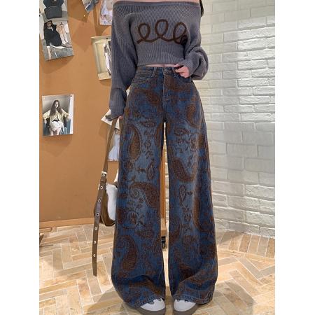FA49180# 雪尼尔绒腰果花直筒牛仔裤女秋冬新款高腰阔腿拖地裤潮 服裝批發女裝批發服飾貨源
