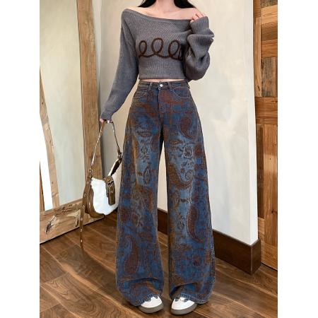 FA49180# 雪尼尔绒腰果花直筒牛仔裤女秋冬新款高腰阔腿拖地裤潮 服裝批發女裝批發服飾貨源