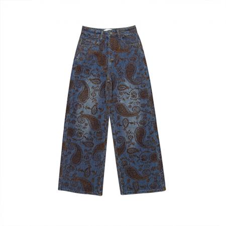 FA49180# 雪尼尔绒腰果花直筒牛仔裤女秋冬新款高腰阔腿拖地裤潮 服裝批發女裝批發服飾貨源