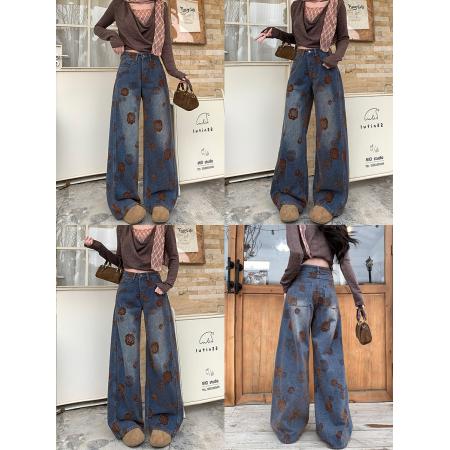 FA49181# 雪尼尔绒复古提花直筒牛仔裤女秋冬新款高腰阔腿拖地裤 服裝批發女裝批發服飾貨源