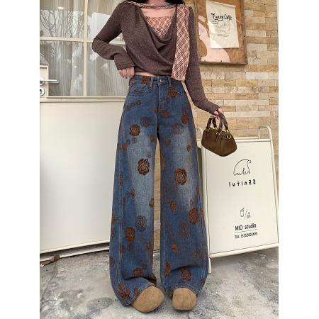 FA49181# 雪尼尔绒复古提花直筒牛仔裤女秋冬新款高腰阔腿拖地裤 服裝批發女裝批發服飾貨源