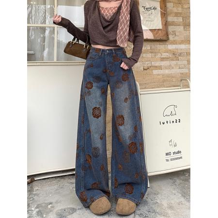 FA49181# 雪尼尔绒复古提花直筒牛仔裤女秋冬新款高腰阔腿拖地裤 服裝批發女裝批發服飾貨源