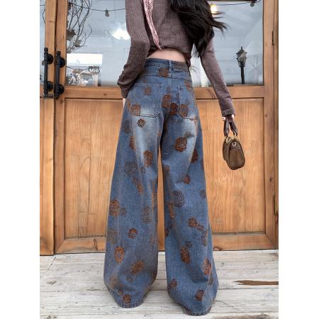 FA49181# 雪尼尔绒复古提花直筒牛仔裤女秋冬新款高腰阔腿拖地裤 服裝批發女裝批發服飾貨源