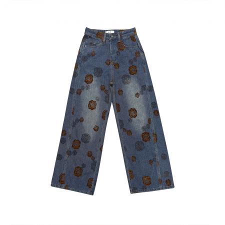 FA49181# 雪尼尔绒复古提花直筒牛仔裤女秋冬新款高腰阔腿拖地裤 服裝批發女裝批發服飾貨源