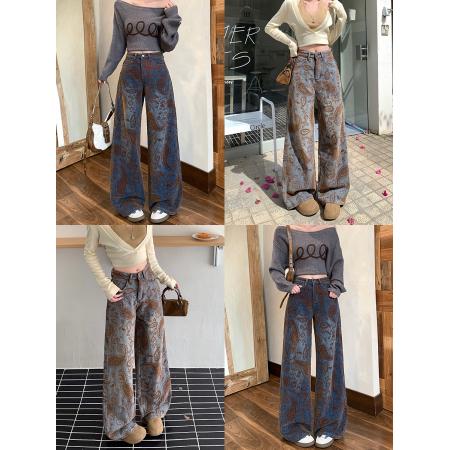 FA49182# 冬季复古时尚休闲裤雪尼尔女高腰显瘦阔腿裤拖地裤直筒 服裝批發女裝批發服飾貨源