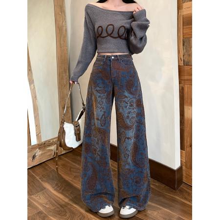 FA49182# 冬季复古时尚休闲裤雪尼尔女高腰显瘦阔腿裤拖地裤直筒 服裝批發女裝批發服飾貨源