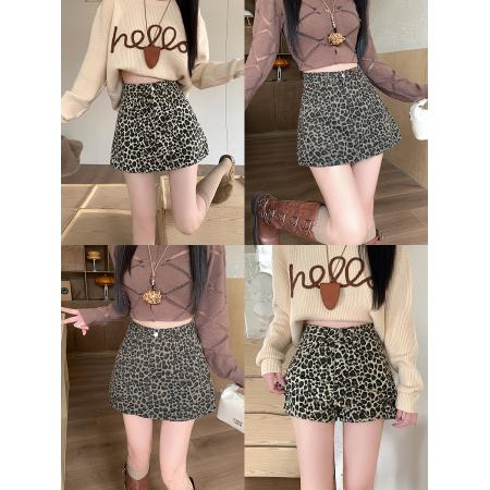 FA49183# 豹纹带安全裤防走光时尚半身裙女秋冬新款辣妹美式复古短裙 服裝批發女裝批發服飾貨源