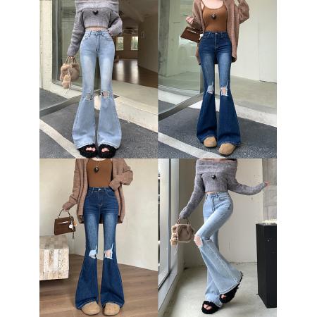 FA49184# 破洞乞丐新款美式复古磨白破洞牛仔裤毛边宽松微喇阔腿裤潮 服裝批發女裝批發服飾貨源