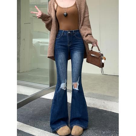 FA49184# 破洞乞丐新款美式复古磨白破洞牛仔裤毛边宽松微喇阔腿裤潮 服裝批發女裝批發服飾貨源