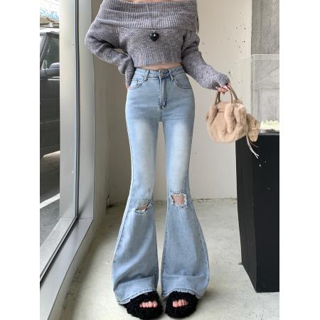 FA49184# 破洞乞丐新款美式复古磨白破洞牛仔裤毛边宽松微喇阔腿裤潮 服裝批發女裝批發服飾貨源