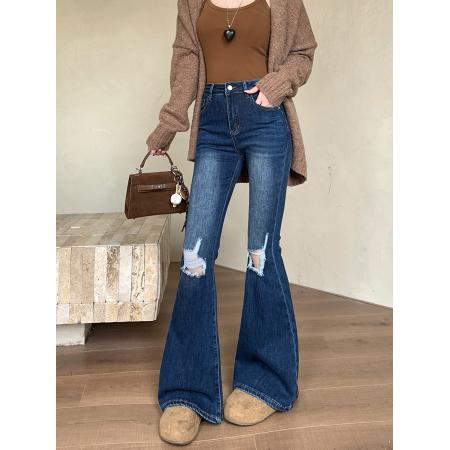 FA49184# 破洞乞丐新款美式复古磨白破洞牛仔裤毛边宽松微喇阔腿裤潮 服裝批發女裝批發服飾貨源