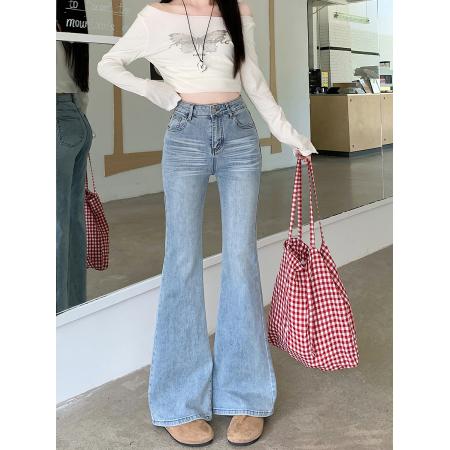 FA49187# 不贴腿高腰微喇牛仔裤女秋季宽松弹力百搭休闲喇叭拖地长裤 服裝批發女裝批發服飾貨源