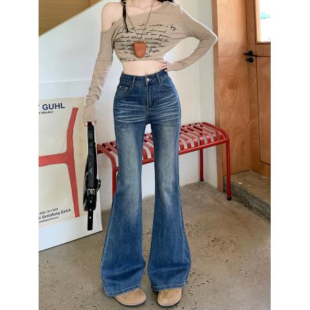 FA49187# 不贴腿高腰微喇牛仔裤女秋季宽松弹力百搭休闲喇叭拖地长裤 服裝批發女裝批發服飾貨源