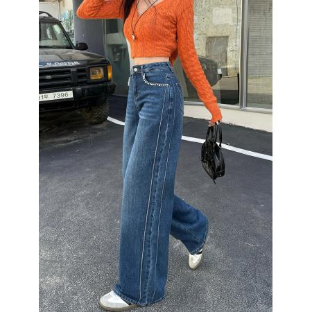 FA49188# 复古深蓝高腰弹力阔腿牛仔裤宽松显瘦秋季休闲直筒拖地钉珠 服裝批發女裝批發服飾貨源