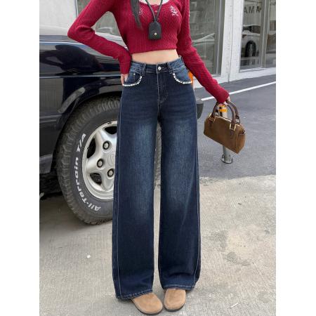 FA49188# 复古深蓝高腰弹力阔腿牛仔裤宽松显瘦秋季休闲直筒拖地钉珠 服裝批發女裝批發服飾貨源