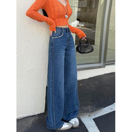 FA49188# 复古深蓝高腰弹力阔腿牛仔裤宽松显瘦秋季休闲直筒拖地钉珠 服裝批發女裝批發服飾貨源