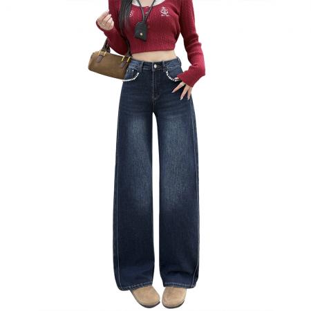 FA49188# 复古深蓝高腰弹力阔腿牛仔裤宽松显瘦秋季休闲直筒拖地钉珠 服裝批發女裝批發服飾貨源
