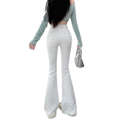 FA49189# 秋季牛仔裤女微喇口袋爱心刺绣高腰修身弹力显瘦长裤潮 服裝批發女裝批發服飾貨源