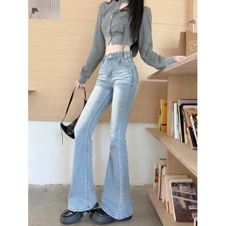 FA49190# 高腰辣妹压褶猫须微喇叭牛仔裤女秋冬新款弹力修身百搭 服裝批發女裝批發服飾貨源