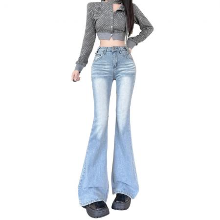 FA49190# 高腰辣妹压褶猫须微喇叭牛仔裤女秋冬新款弹力修身百搭 服裝批發女裝批發服飾貨源