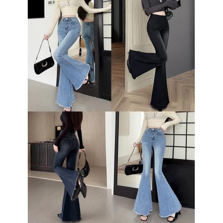 FA49191# 秋季牛仔裤女大喇叭水洗复古高腰修身弹力显瘦拖地长裤 服裝批發女裝批發服飾貨源