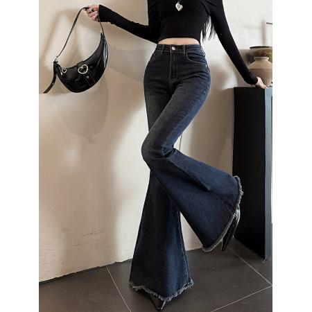 FA49191# 秋季牛仔裤女大喇叭水洗复古高腰修身弹力显瘦拖地长裤 服裝批發女裝批發服飾貨源
