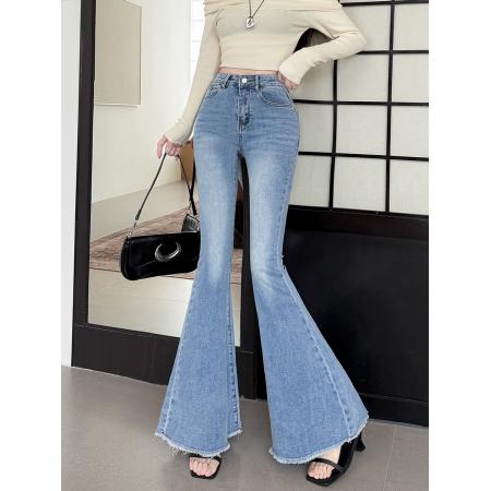 FA49191# 秋季牛仔裤女大喇叭水洗复古高腰修身弹力显瘦拖地长裤 服裝批發女裝批發服飾貨源