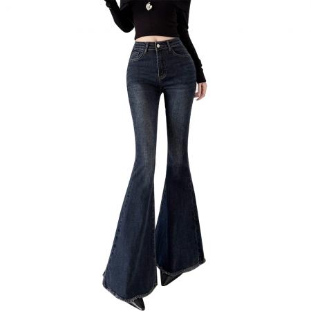 FA49191# 秋季牛仔裤女大喇叭水洗复古高腰修身弹力显瘦拖地长裤 服裝批發女裝批發服飾貨源