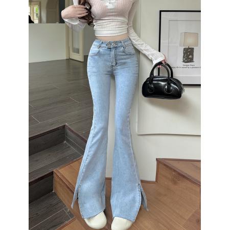 FA49192# 微喇叭牛仔裤女高腰弹力弹力秋季新款修身开叉显腿长裤 服裝批發女裝批發服飾貨源