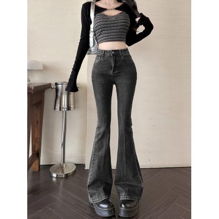 FA49193# 简约百搭微喇牛仔裤女秋季新款高腰弹力显瘦拖地长裤潮 服裝批發女裝批發服飾貨源