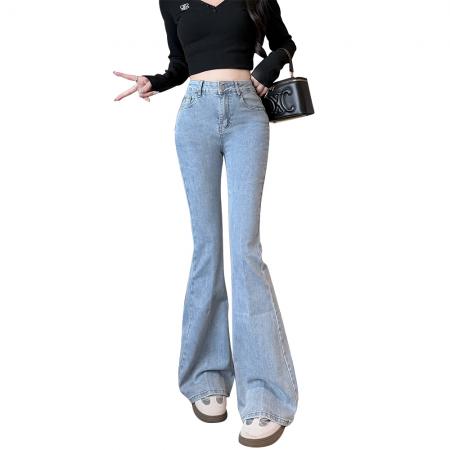 FA49193# 简约百搭微喇牛仔裤女秋季新款高腰弹力显瘦拖地长裤潮 服裝批發女裝批發服飾貨源