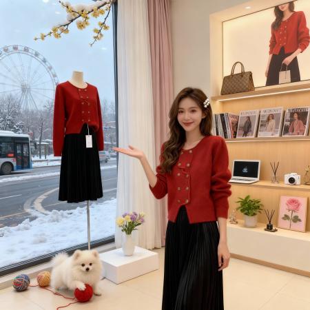 FA49194# 巨好看高级感穿搭一整套装红色毛衣针织裙子女秋冬季新款 服裝批發女裝批發服飾貨源