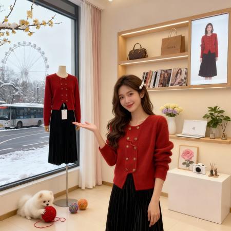 FA49194# 巨好看高级感穿搭一整套装红色毛衣针织裙子女秋冬季新款 服裝批發女裝批發服飾貨源