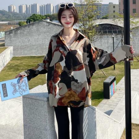 FA49196# 春秋新款韩版复古印花长袖衬衫宽松百搭衬衣外套 服裝批發女裝批發服飾貨源