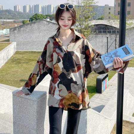 FA49196# 春秋新款韩版复古印花长袖衬衫宽松百搭衬衣外套 服裝批發女裝批發服飾貨源