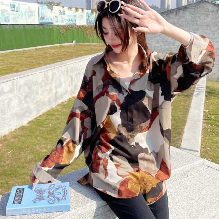 FA49196# 春秋新款韩版复古印花长袖衬衫宽松百搭衬衣外套 服裝批發女裝批發服飾貨源