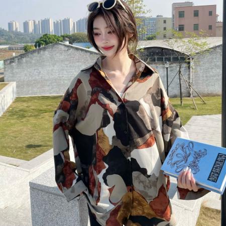 FA49196# 春秋新款韩版复古印花长袖衬衫宽松百搭衬衣外套 服裝批發女裝批發服飾貨源