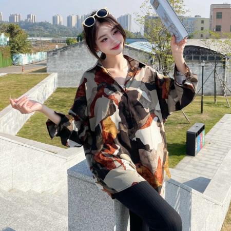 FA49196# 春秋新款韩版复古印花长袖衬衫宽松百搭衬衣外套 服裝批發女裝批發服飾貨源