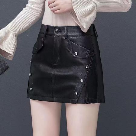 FA49199# 韩版高腰纯色半身皮裤裙女冬季新款时尚显瘦百搭宽松短款a字裙裤 服裝批發女裝批發服飾貨源