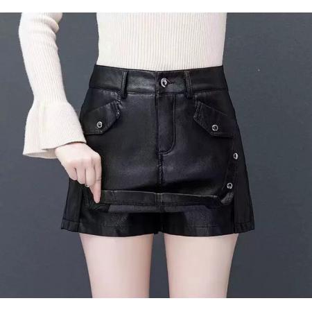 FA49199# 韩版高腰纯色半身皮裤裙女冬季新款时尚显瘦百搭宽松短款a字裙裤 服裝批發女裝批發服飾貨源