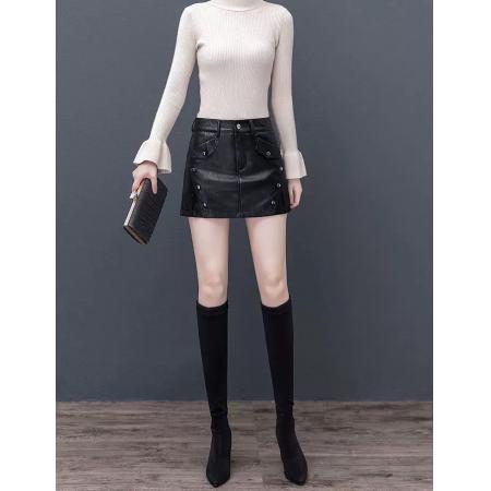 FA49199# 韩版高腰纯色半身皮裤裙女冬季新款时尚显瘦百搭宽松短款a字裙裤 服裝批發女裝批發服飾貨源