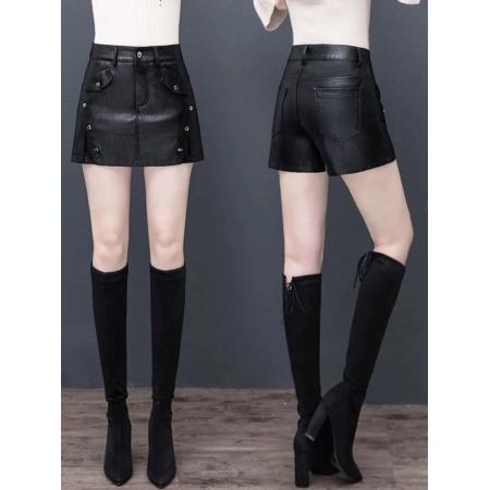 FA49199# 韩版高腰纯色半身皮裤裙女冬季新款时尚显瘦百搭宽松短款a字裙裤 服裝批發女裝批發服飾貨源