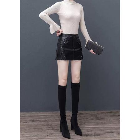 FA49199# 韩版高腰纯色半身皮裤裙女冬季新款时尚显瘦百搭宽松短款a字裙裤 服裝批發女裝批發服飾貨源