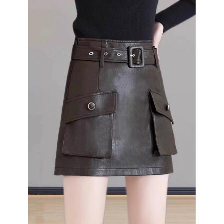 FA49200# 工装pu皮半身裙女春秋新款时尚高腰显瘦休闲a字一步包臀短裙 服裝批發女裝批發服飾貨源