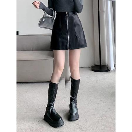 FA49202# 皮裙女秋冬季新款黑色半身裙pu小皮裙高腰显瘦a字裙包臀短裙 服裝批發女裝批發服飾貨源