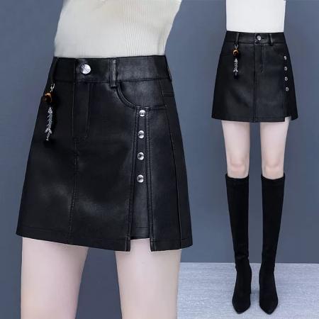 FA49203# 皮裙裤女秋冬新款休闲高腰冬季外穿黑色显瘦时尚百搭a字短裙 服裝批發女裝批發服飾貨源