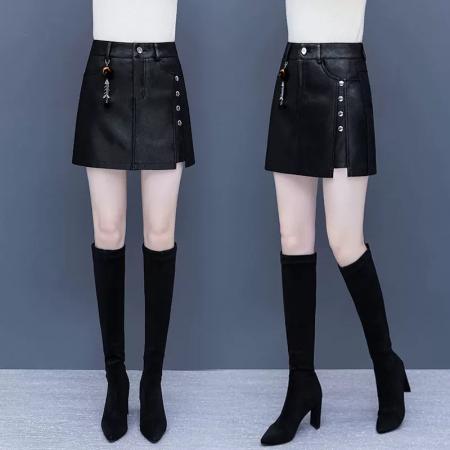 FA49203# 皮裙裤女秋冬新款休闲高腰冬季外穿黑色显瘦时尚百搭a字短裙 服裝批發女裝批發服飾貨源