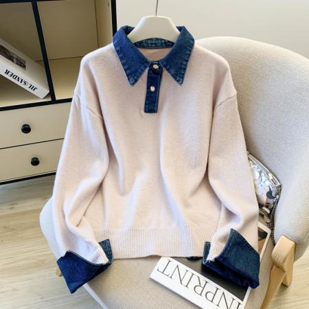 FA49205# 假两件设计感小众加厚牛仔领polo撞色毛衣女针织衫宽松上衣 服裝批發女裝批發服飾貨源