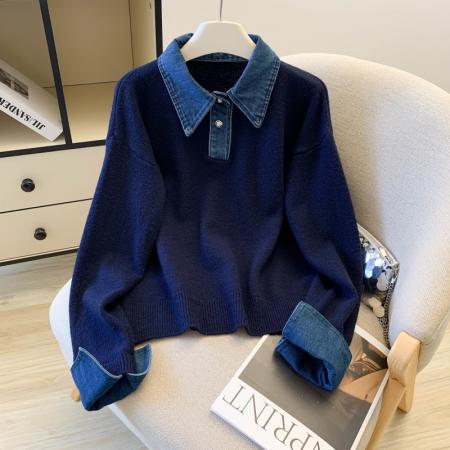 FA49205# 假两件设计感小众加厚牛仔领polo撞色毛衣女针织衫宽松上衣 服裝批發女裝批發服飾貨源